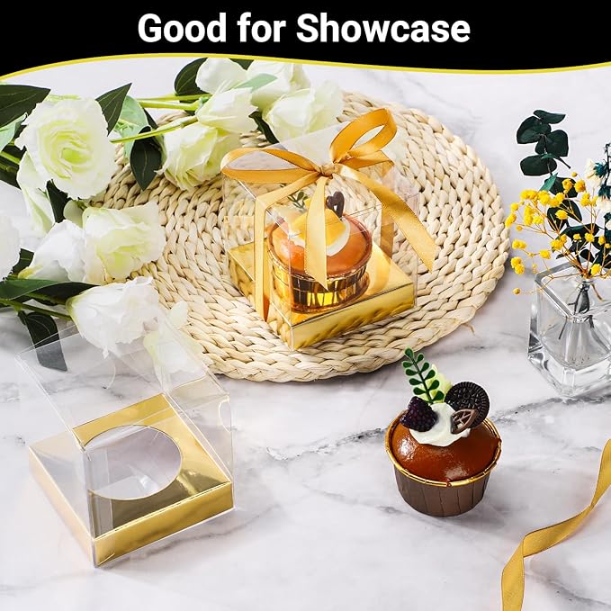 EUSOAR Disposable Clear Cupcake Containers, 50pcs 3.5 Inch Plastic Individual Cupcake Carrier with Ribbon and Inserts, Single Transparent Cupcake Holder with Lids Storage for Cake Dessert-Gold