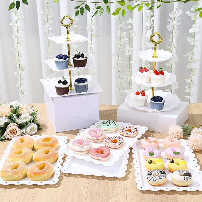 Dessert Table Display,5Pcs Cake Stand Set,2Pcs 3 Tiered Cupcake Stands and 3Pcs Dessert Trays Serving Trays for Party Baby Shower Wedding Tea Party