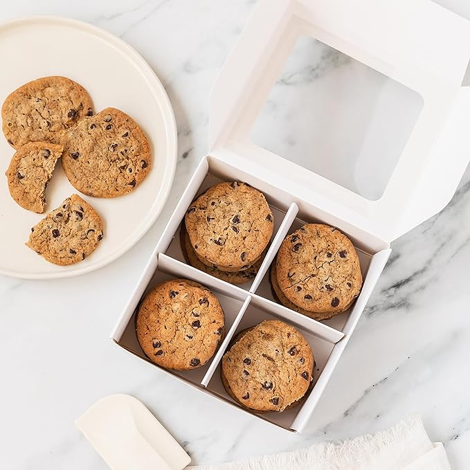 100 pcs White Mini Cookie Boxes for 4 treats with Window and Dividers, Bakery Boxes, 6 x 6 x 2.4 Inches SMALL Baking Boxes, Square Cookies Box Decorating Supplies for Gift Giving