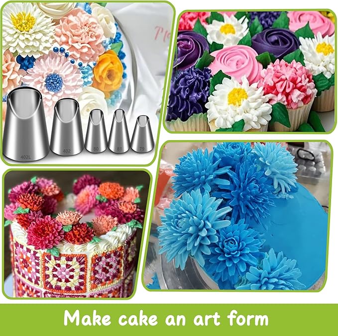 Suuker 5 Pieces Rose Flower Piping Tips Set,Stainless Steel Cake Decorating Tips, Frosting Icing Tips for Cupcakes, Cake, Cookie and Decorating（402L 402 79 80 81）
