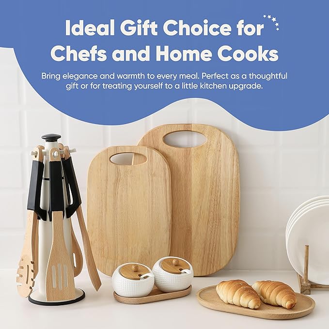 Chef's Path Wooden Cooking Utensils Set – 5-Piece Beech Wood Kitchen Utensils Set with Silicone Spoon Rest, Wooden Spatula, Serving Spoon, Wooden Spoons for Cooking & Rotating Utensil Holder, Black