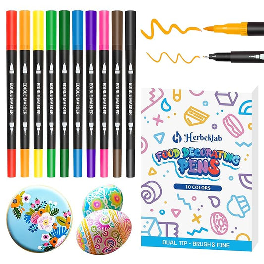 Edible Markers – 10Pcs Double-Sided Food Coloring Pens with Fine & Thick Tips for Cookie Decorating, Fondant, Desserts & Easter Eggs