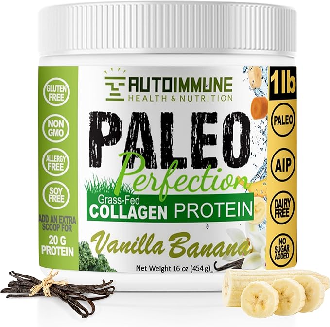 Paleo Perfection Vanilla Banana Grass Fed Beef Collagen Protein Powder with Stevia - Paleo, Keto, SCD, AIP Protein Powder with Apple Fiber, Carrot & Broccoli - 1lb Protein Powder & Superfood Blend