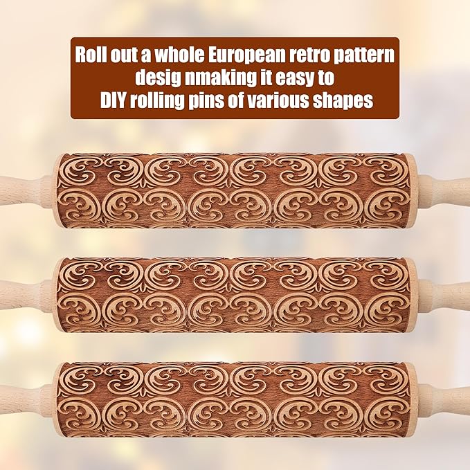 17" Premium Wooden Rolling Pins for Baking with European Embossed Designs | 3mm Deep Springerle Cookie Molds | Christmas Rolling Pin & Baking Gifts for Women | Includes 3-in-1 Cleaning Brush