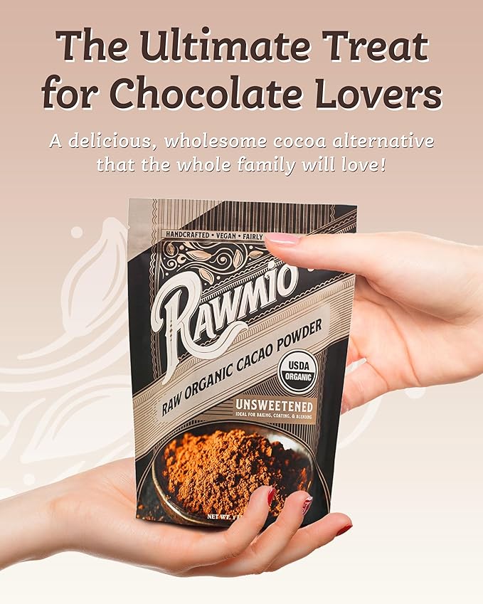 Rawmio Raw Organic Cacao Powder - Nutrient-Dense with Dietary Fiber, Iron, & Calcium - Rich & Creamy Raw Cacao for Drinking or Baking - Organic Cocoa Powder Alternative - 16 oz, Pack of 2