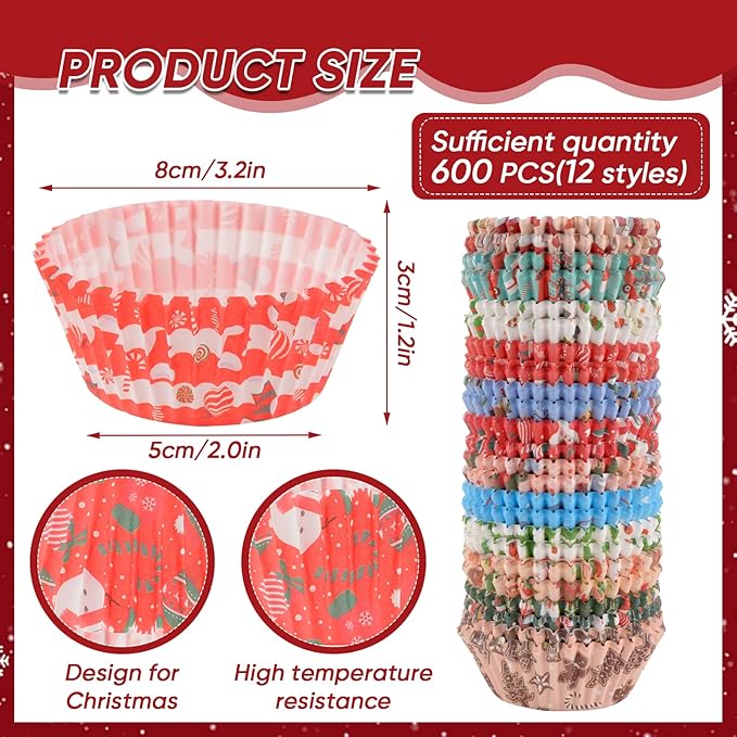 600 Pack Christmas Cupcake Liners Cupcake Wrappers Baking Cups Santa Holiday Paper Wraps Muffin Liners for Xmas Birthday Party Candy Cake Decorations Supplies(12 Styles)