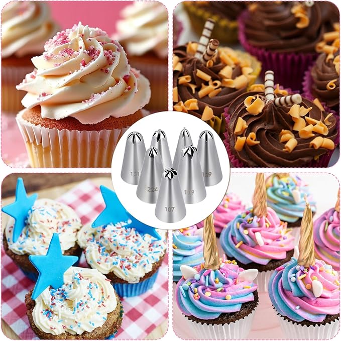 7 Pcs Drop Flower Piping Tips Set, 107, 109, 129, 131, 191, 224, 225 Stainless Steel Icing Tip for Swirl, Rosette, Cake Cookie Decorating Floral Patterns