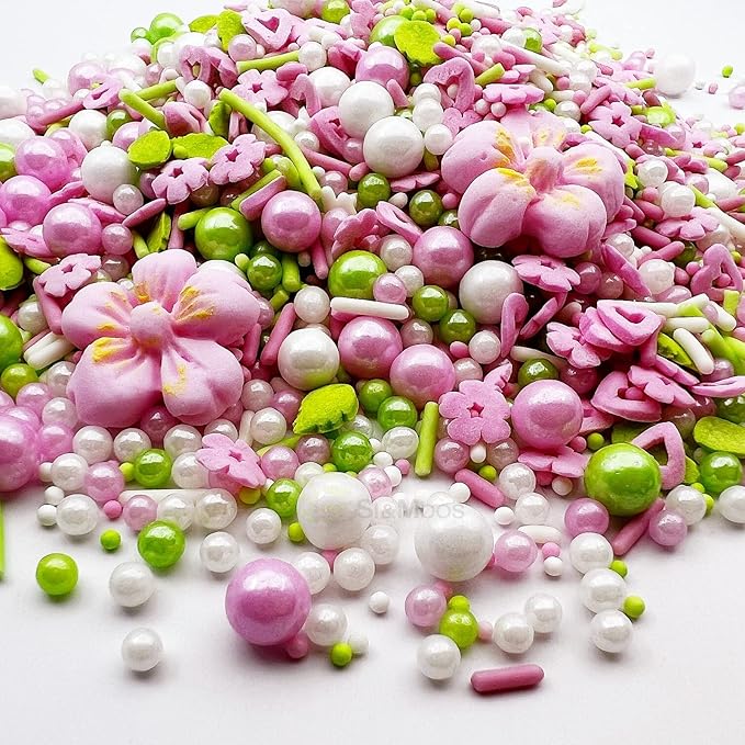 Edible Pink Flowers for Cake Decorating Edible Mini Sugar Flowers Pink and Green Pearl Sprinkles Spring Sprinkles Baby Shower Cake Decorations Christmas Cookie Decorations 3.5 OZ with Tweezers