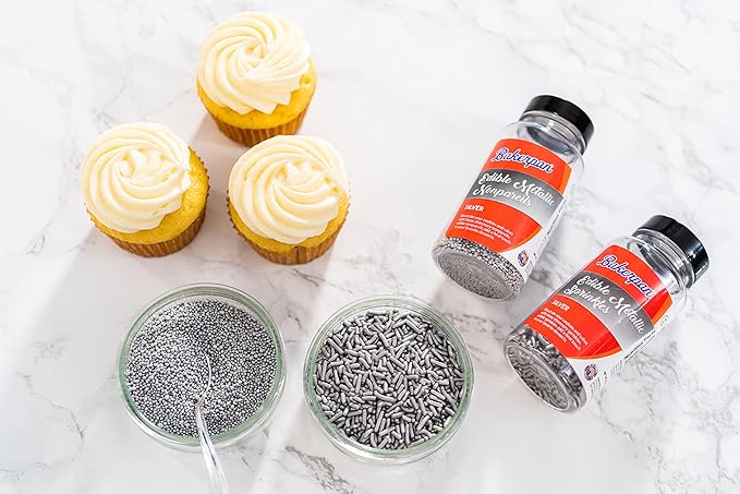 Bakerpan Edible Silver Nonpareils Sprinkles for Cupcakes, Silver Sprinkles Edible for Cake Decorating - 5.1 Ounces (Made in USA)