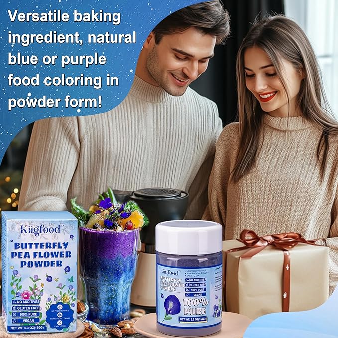 Butterfly Pea Flower Powder - Kiigfood 5.3 oz/150g Pure Natural Blue & Purple Food Coloring, Butterfly Pea Powder for Drinks, Smoothies, Cocktail, Christmas Baking, Pasta - Vegan, Gluten-Free, Non-GMO