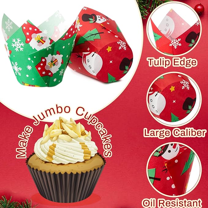 300 Pcs Jumbo Muffin Liners for Baking 2-1/4" x 4" Large Tulip Cupcake Liners Greaseproof Cupcake Wrapper Paper for Weddings Birthday Christmas Anniversaries Party (Christmas Color)