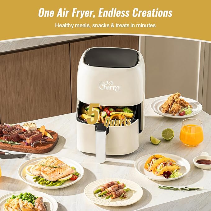Charmi 5QT Air Fryer – Beautiful Retro Design, Stylish Countertop Look, Nonstick & PFAS-Free, Safe Auto Shutoff, Digital Touchscreen, 8 Cooking Presets (Cream White)