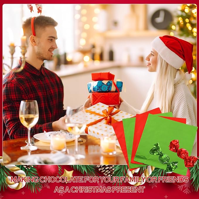 400 Sheets Christmas Foil Chocolate Candy Wrappers Aluminum Tin Foil Wrapping Paper for Packaging Decoration Red Green Wrappers DIY Baking Homemade Food Party Favors 6 x 6 Inches