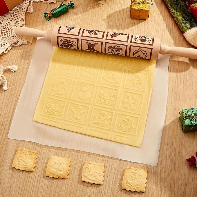 Gobam Embossed Rolling Pin for Cookies, Engraved Wooden Rolling Pin for Baking, Deep Pattern Cookie Roller for Christmas, Holiday, DIY Kitchen Decor and Gift - Christmas Classic