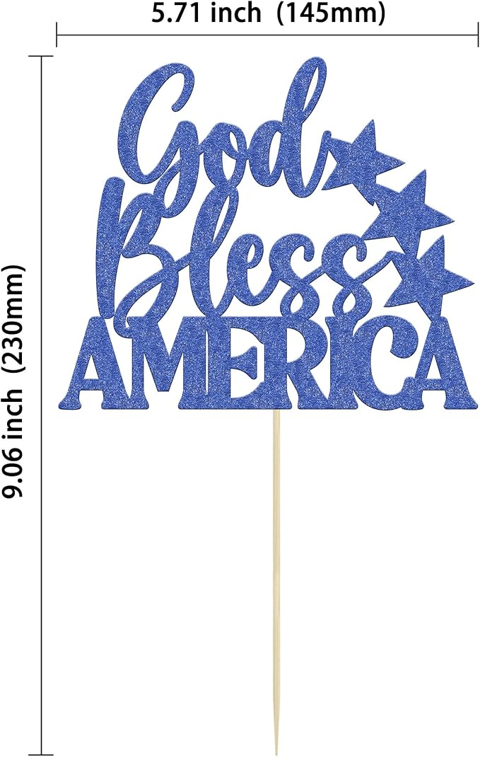 1Pc God Bless America Cake Topper Blue Glitter Independence Day Cake Decorations for USA Patriotic Happy 4th of July American National Day Party Supplies