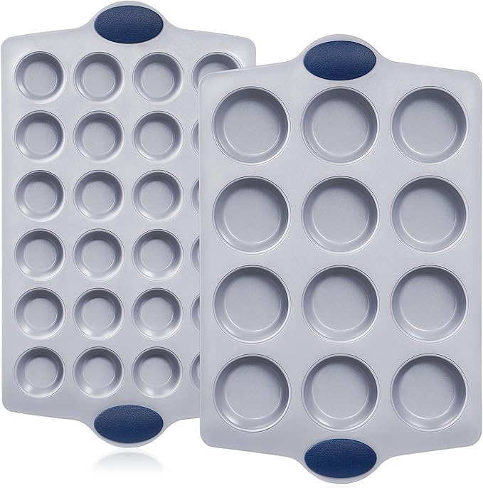 BRONYPRO 2-Pack 12 Cup and Mini 24 Cup Non Toxic Nonstick Ceramic Muffin Pan & Cupcake Tin, PFOA & PTFE Free, Heavy Duty Rust-Resistant Aluminized Steel, Oven & Dishwasher Safe, Blue