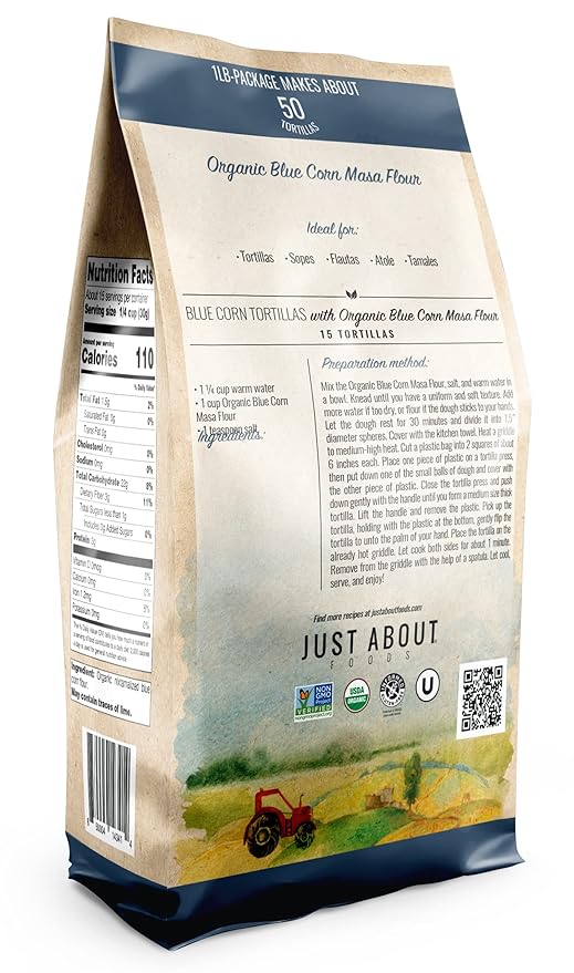 Just About Foods Organic Blue Corn Flour | USDA Organic | Gluten-Free, Kosher and Vegan | 1 LB (454 g) Pack of 2