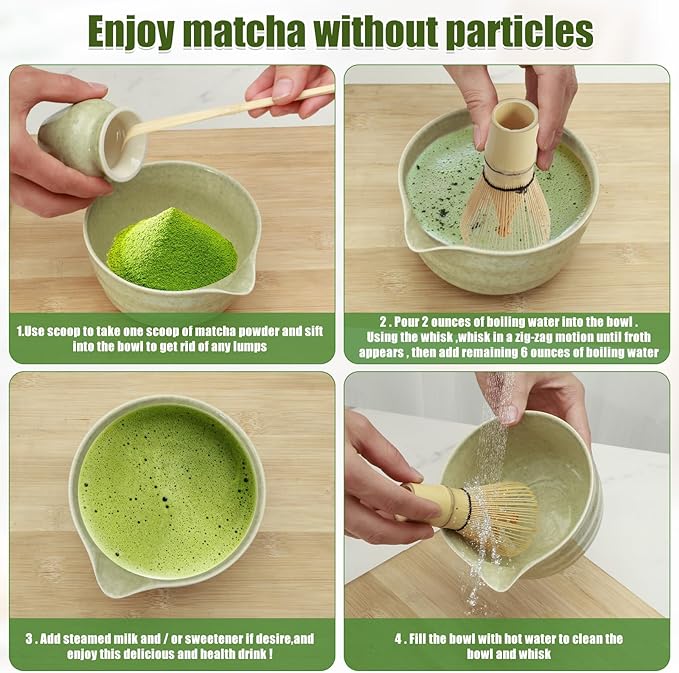 4Pcs Matcha Making Kit, Ceramic Bowl, Bamboo Whisk and Scoop, Matcha Sifter and Holder