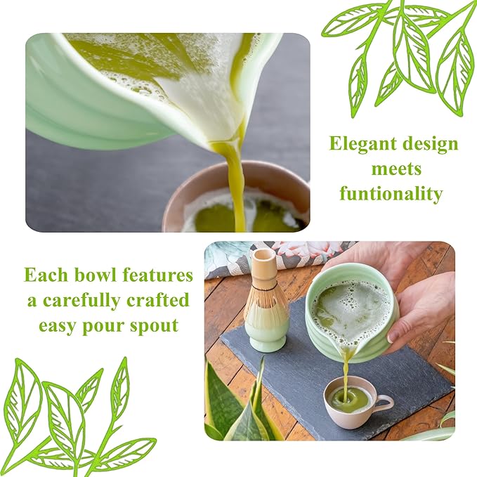 Matcha Whisk Set- Matcha Set includes Matcha Whisk and Bowl with Spout, Sifter, Holder and Scoop- The Perfect Bamboo Whisk for Matcha Tea (Green)