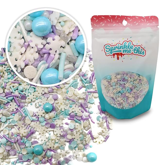 Let it Sprinkle - 8 Oz Resealable Bag - Winter and Christmas Themed Sprinkle Mix - Features Teal, Purple, and White Jimmies, Teal Pearls, and White Snowflake Quins - Cake and Ice Cream Sprinkles