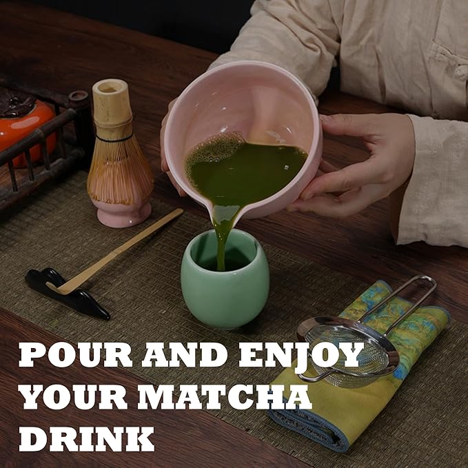 Pink Matcha Whisk Set 5pcs Matcha Set With A Bowl, Mini Whisk And Holder, Bamboo Scoop And Stainless Steel Sifter Perfect Matcha Kit For Gifts