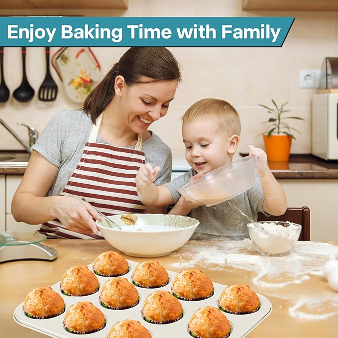 2-Pack Beige Muffin Pan, Non-Stick 12-Cup Cupcake Pan with Lid, Cupcake Pan with Lid and Handle, Perfect for Holidays, Birthdays, and Family Gatherings
