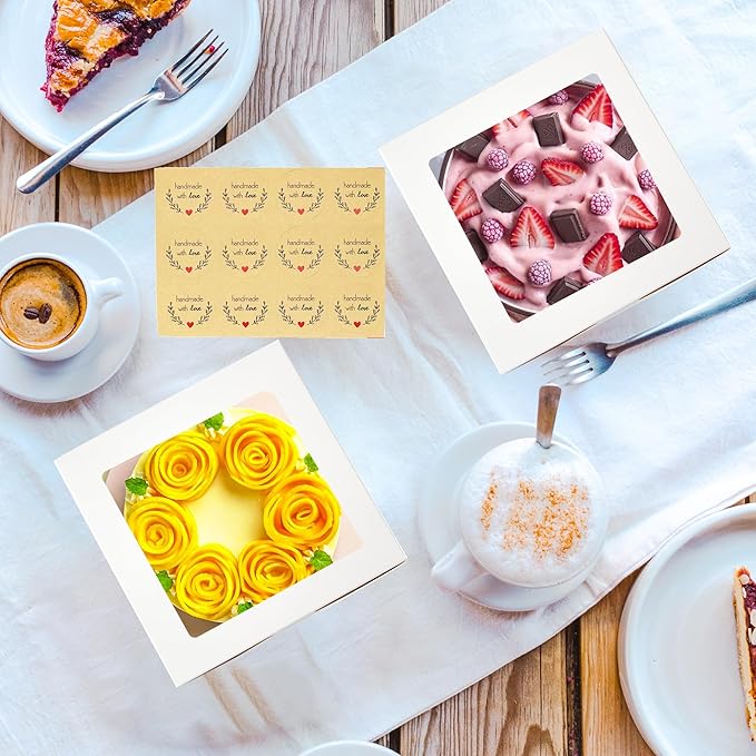 Zzrywuty 50 Packs 4x4x2.5in White Cookie Boxes, Bakery Boxes with Window, Mini Cake Boxes, Cupcake Container Boxes for Cookies, Pastry, Pie, Strawberries, Donuts, Candy, Desserts, Small Cake