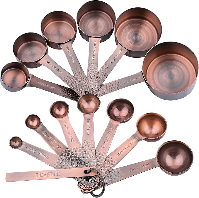 Smithcraft Copper Measuring Cups and Spoons Set, Stainless Steel Copper Plated 6 Metric & US Measuring Cups & 7 Spoons with Leveler for Baking & Kitchen