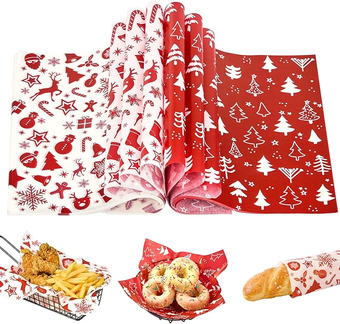 Zezzxu 100 Sheets Wax Paper for Food, Red and White Parchment Paper for Cookie Box Deli Wrapping Grease Resistant Basket Liners (9.8 x 9.8 Inches)