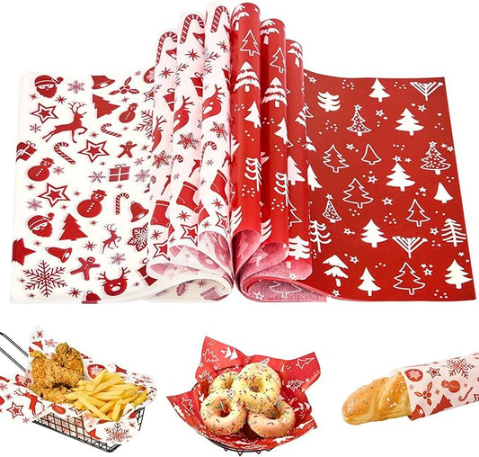 Zezzxu 100 Sheets Wax Paper for Food, Red and White Parchment Paper for Cookie Box Deli Wrapping Grease Resistant Basket Liners (9.8 x 9.8 Inches)