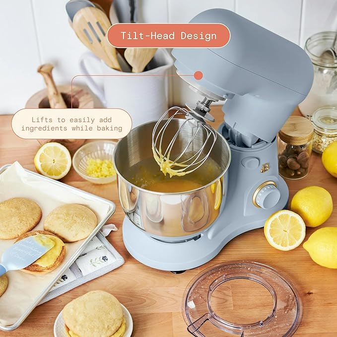 Beautiful 3.5 Qt Tilt-Head Stand Mixer | 12-Speed 300 W Motor | Stainless Bowl + Beater, Dough Hook & Whisk by Drew Barrymore (Cornflower Blue)