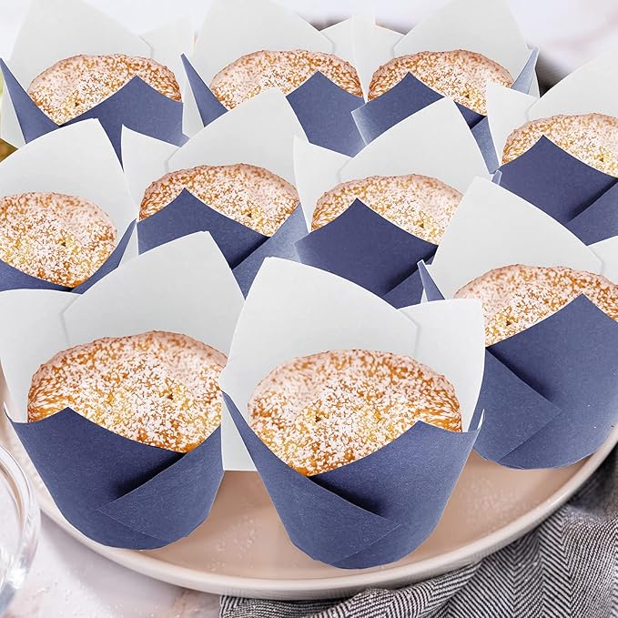 Jutom 200 Pack Tulip Cupcake Liners Paper Baking Cups Greaseproof Muffin Liners Grease Resistant Cupcake Wrappers for Weddings Birthday Cake Balls Muffins Candy Jelly Party(Dark Blue)