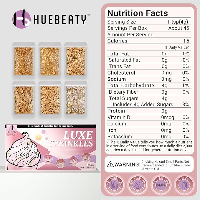 HUEBEATY 6-in-1 Gold Sprinkles Edible for Cake Decorating | 180g/6.36oz | Gold Coin & Star Confetti Sprinkles, Sanding Sugar, Jimmies for Cookies, Cupcakes and Chocolates, Mardi Gras King Cake Sprinkles