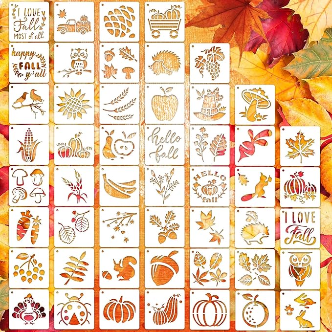 50 PCS Fall Painting Stencils Reusable Fall Stencils for Painting on Wood Rocks Canvas Fabric Glass Pottery 4x4 Inch