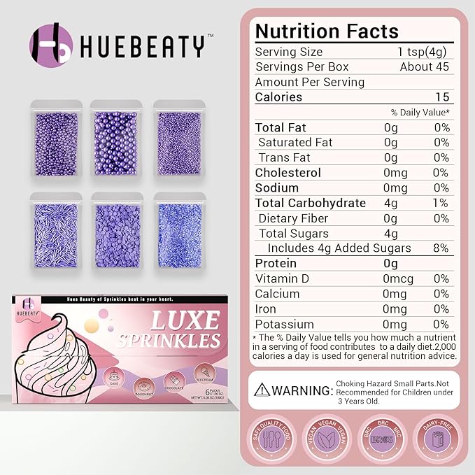 HUEBEATY 6-in-1 Purple Edible Pearls Sprinkles, Sanding Sugar for Cake Decorating, Cupcakes, Cookies & Ice Cream - 180g, Edible Mardi Gras, Halloween & Mermaid Purple Cake Sprinkles and Decorations