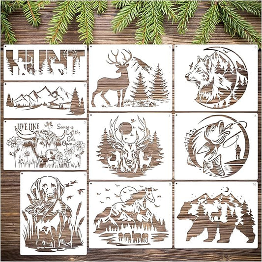 Large Wildlife Wood Burning Stencils Mountain Deer Wolf Dog Cow Horse Fish Templates Drawing Animal Stencil for Painting on Wood DIY Crafts T-Shirt Wall Fabric Home Decoration(animal10)