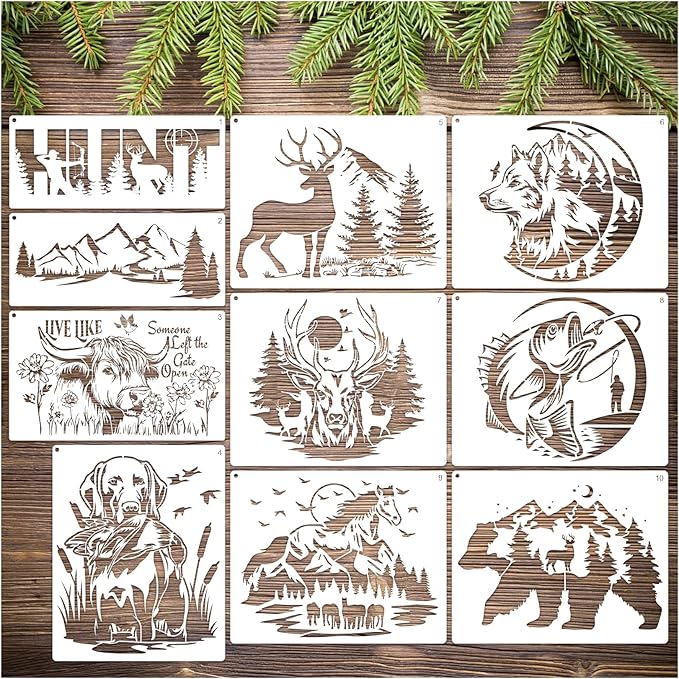 Large Wildlife Wood Burning Stencils Mountain Deer Wolf Dog Cow Horse Fish Templates Drawing Animal Stencil for Painting on Wood DIY Crafts T-Shirt Wall Fabric Home Decoration(animal10)
