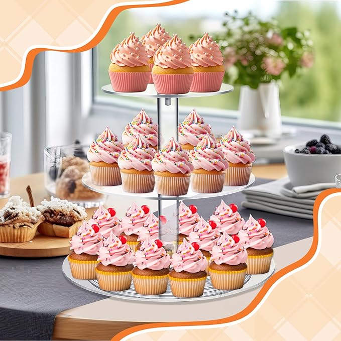 Tiered Cupcake Display Stand Rotatable Cake and Cupcake Tower Stand Combo Clear Acrylic Cake Holder with Tiered Tray for Dessert Pastry Birthday Wedding Party Table(3 Tire and Round)