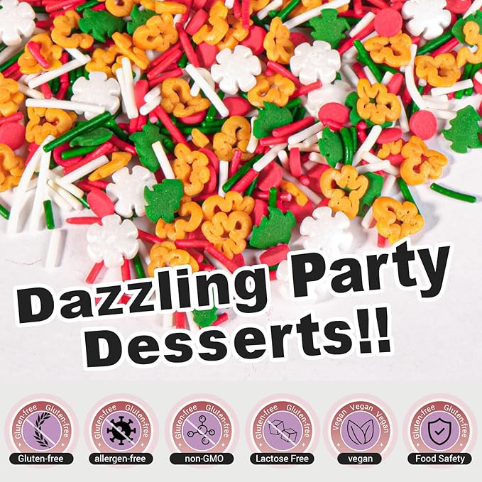 HUEBEATY 6-in-1 Christmas Gingerbread Sprinkles for Cookies Baking - 180g Red and Green Nonpareils, Jimmies, Red Heart, Holly Confetti, Holiday Santa Sprinkles Bulk for Cakes, Cupcakes, Hot Chocolate Decorating