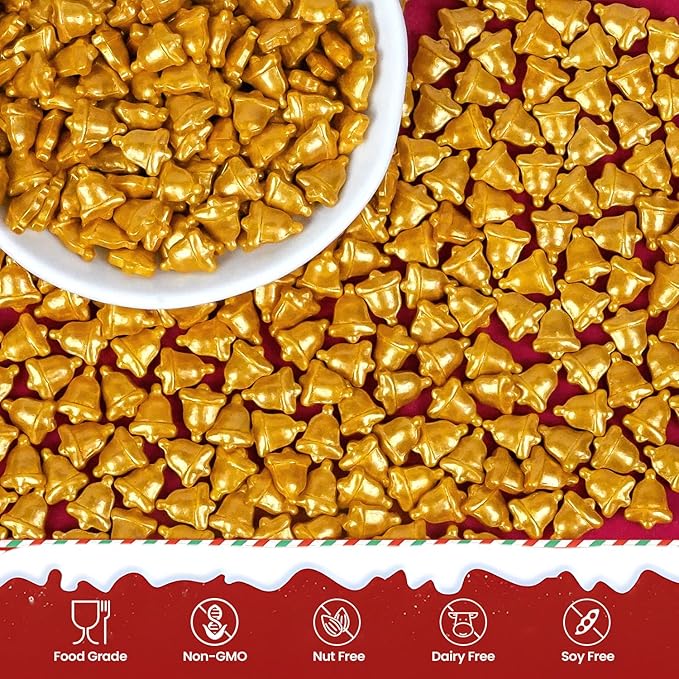 Christmas Bells Sprinkles for Cake Decorating, Gold Bells Sugar Sprinkles Edible, 150g/5.29oz, Perfect for Cake Decoration, Cupcake, cookies Decorations, Baking, foodgrade