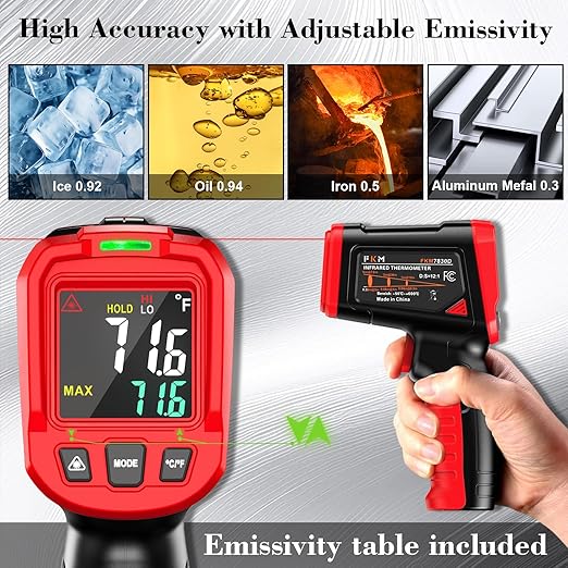 FKM Infrared Thermometer Gun,Non Contact Laser Thermometer Gun for Industrial,HVAC,Engine,Kitchen Cooking,Digital IR Temperature Gun -58°F~1112°F(-50°C~600°C) Adjustable Emissivity,Not for Human