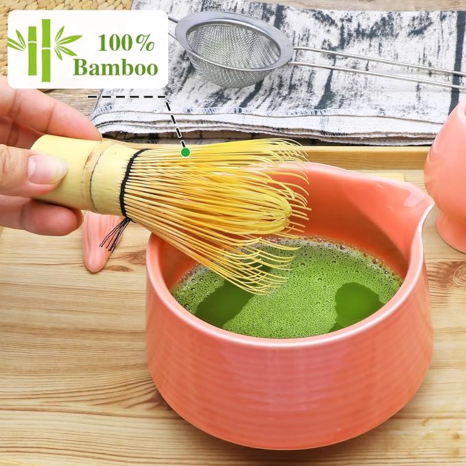 Matcha Whisk Set,7pcs Pink Matcha Set includes Matcha Bowl (19 oz),Bamboo Matcha Whisk and Matcha Scoop,Matcha Whisk Holder,Stainless Steel Sifter,Tea Making Tools,Matcha Kit Gift for Matcha Lovers