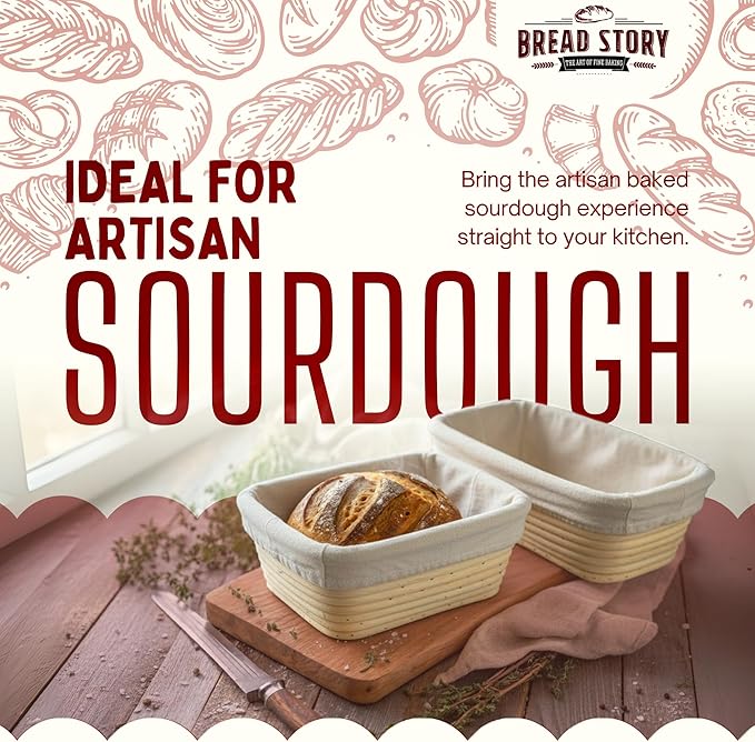 (10x6 inch) Oval Proofing Basket Set by Bread Story Oval Brotform Handmade Unbleached Natural Cane Bread Baking Kit with Cloth Liner Bread Baking e-book Course