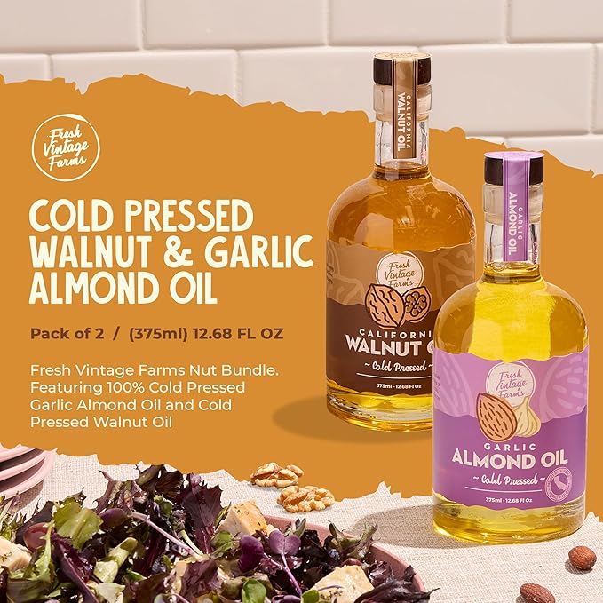 Fresh Vintage Farms Nut Bundle 100% Cold Pressed Walnut & Garlic Almond Cooking Oils | Cold Pressed & Nutritious Healthy Oils for Cooking, Baking, Dipping, Salads, & Marinades | 375ml, Pack of 2
