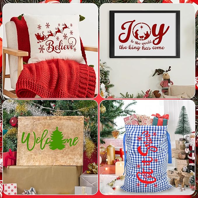 8 Pcs Large Christmas Stencils for Crafts, Reusable Christmas Rub on Transfers Painting Crafts, Xmas Stencils for Painting On Doormat Wood Wall Decor (Classic.8)