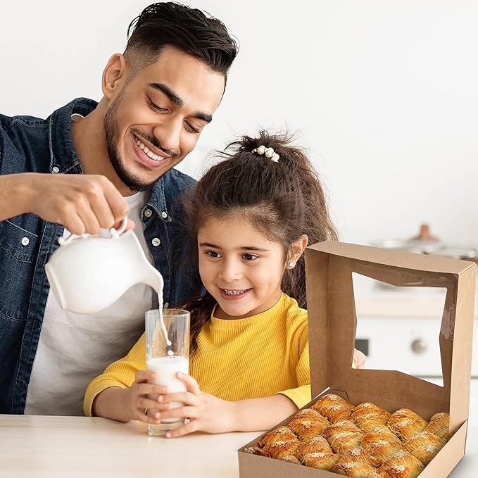 MT Products Kraft Bakery Boxes 9" x 9" x 2.5" - Auto Pop-Up Pie or Cake Boxes with Window (Pack of 15) - Made in the USA