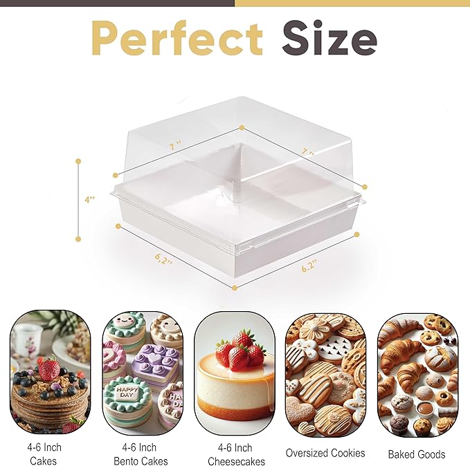 20 Pack 7x7x4 Cake Boxes with Clear Lids for 4-6 Inch Cakes, Treats or Desserts – Paper Bento Cake Boxes, Disposable Bundt Containers – Bakery Take Out Containers – To Go Square Packaging, White