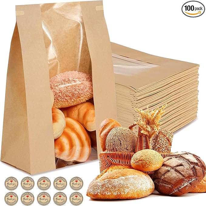 100 Pack Paper Bread Bags for Homemade Bread 14x8.3x3.5 Inches Sourdough Bags with Tin Tie Tab Lock Clear Front Window Large Kraft Bakery Bag, 100 PCS Sealing Stickers