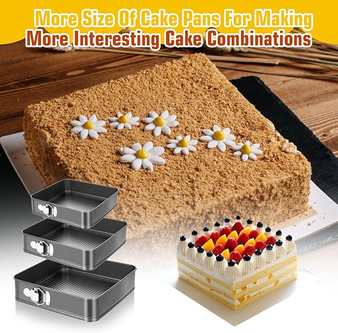 Springform Pan Set, 3-Piece Square Springform Cake Pans (9.45/10.2/11 Inch) - Nonstick Spring Pans for Baking Cheesecake, Carbon Steel Gray Bakeware