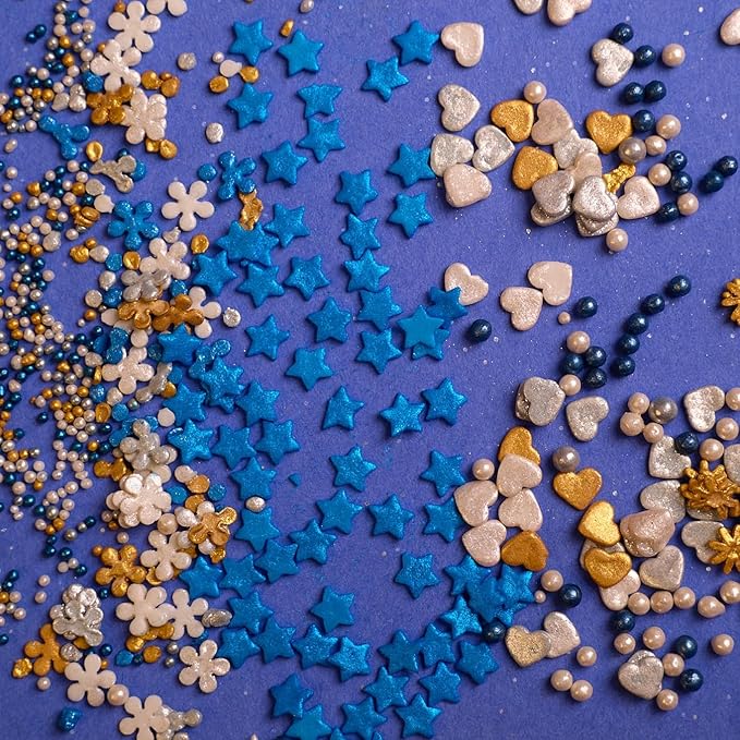 Confect Christmas Sprinkles | Blue, White, Gold & Silver Mix | Edible Pearl, Star & Heart Shaped Sprinkles | Holiday Cake & Cupcake Decorations- 5 Oz